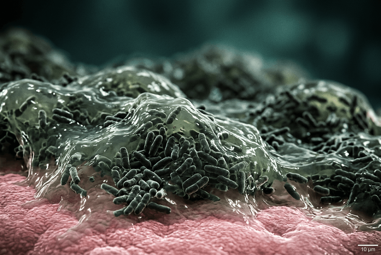 Colorized scanning electron micrograph of a biofilm lying on epithelial tissue