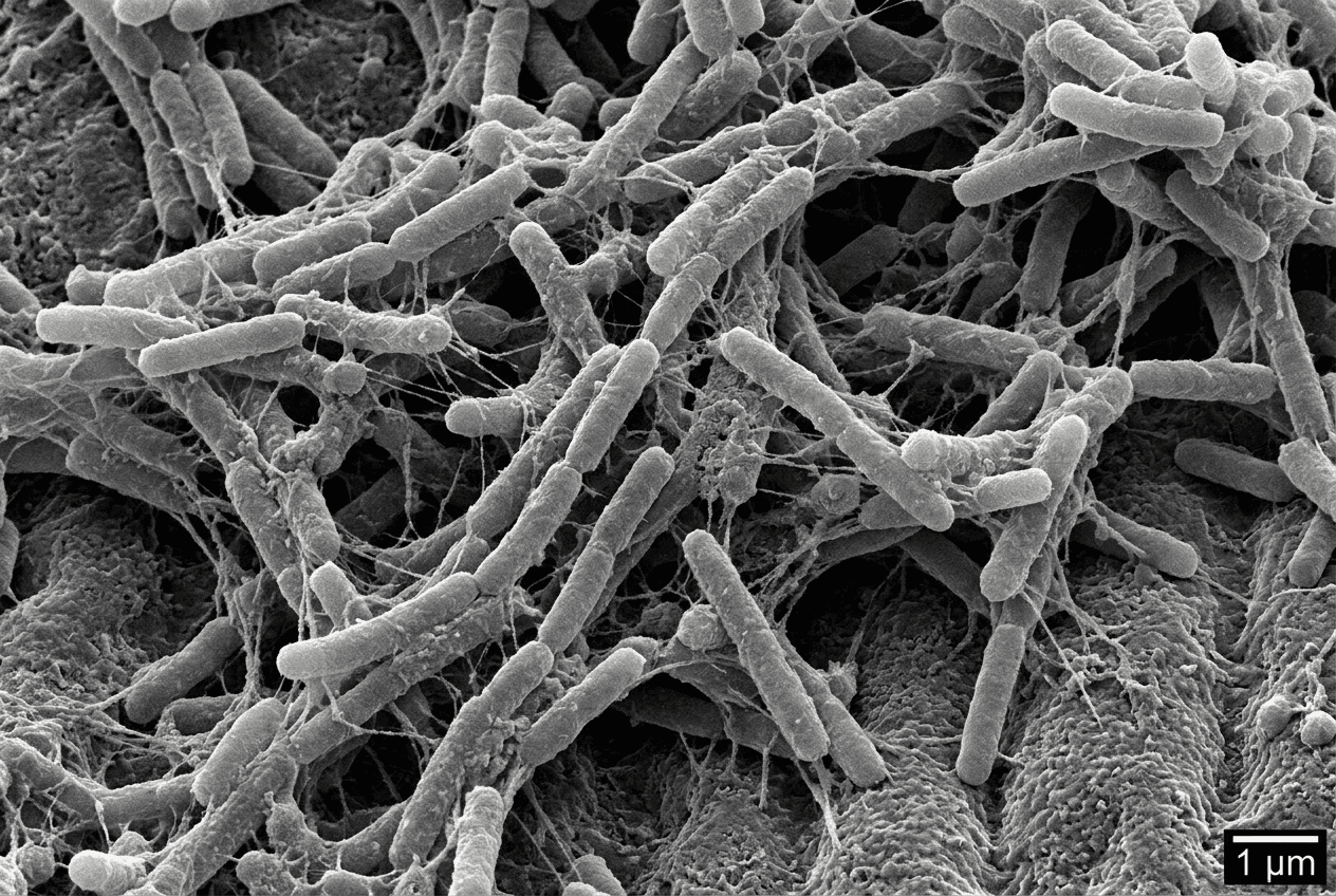 Scanning electron microscope view of a bacterial biofilm forming on epithelial tissue